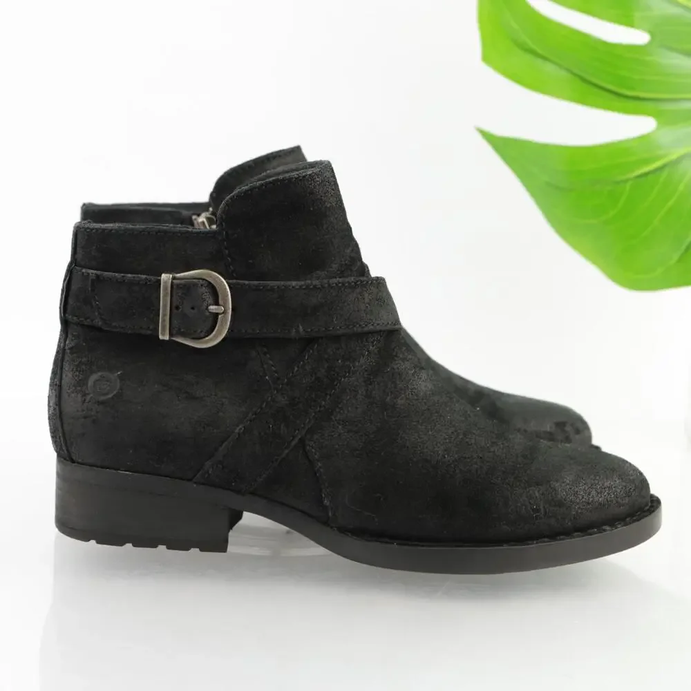 Born Womens Jorgette Boots Size 7.5 Black Suede Distressed Bootie Buckle Lo Heel
